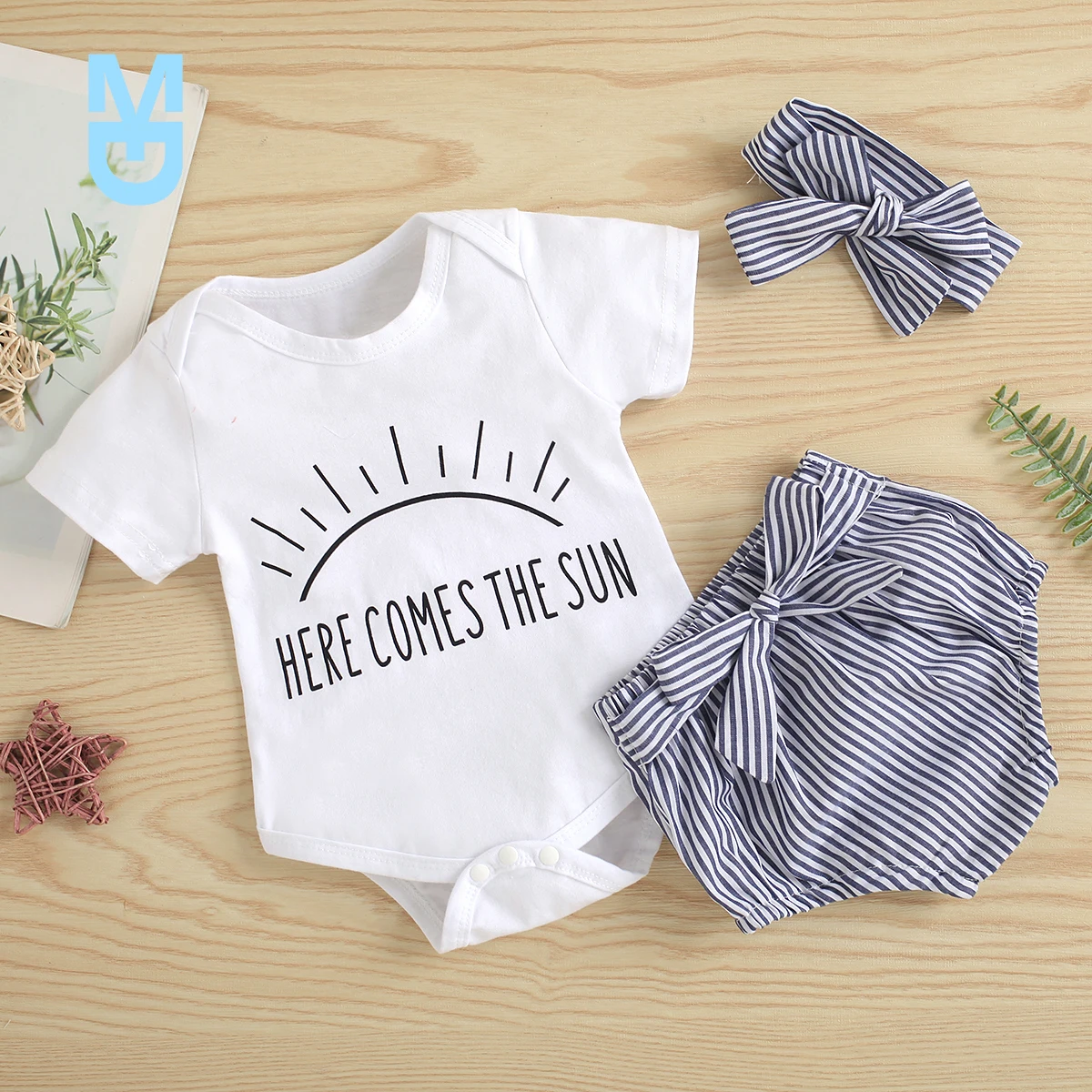

New 0-18M Infant Baby Girl's Clothes Fresh Letter Short Sleeve Romper and Stripe Short Pants with Headband