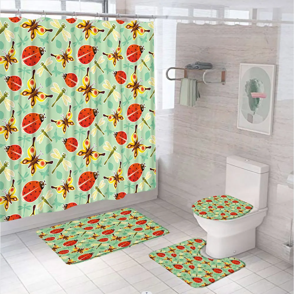 

Butterfly Ladybug Shower Curtain Set Animal Wildlife Dragonfly Bathroom Curtains Non-Slip Bath Mat Pedestal Rug Lid Toilet Cover