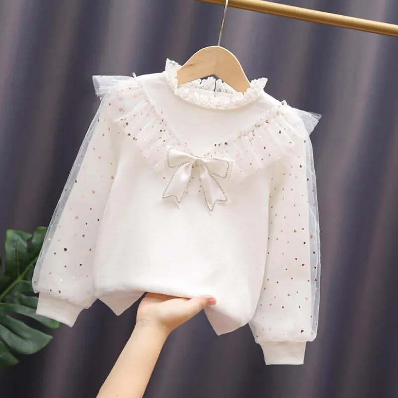 Cotton Blouse 3-12 Years Spring Autumn Toddler Teen Girls White Bow Lace Long Sleeve Shirts Kids Pullover Tops Children Clothes