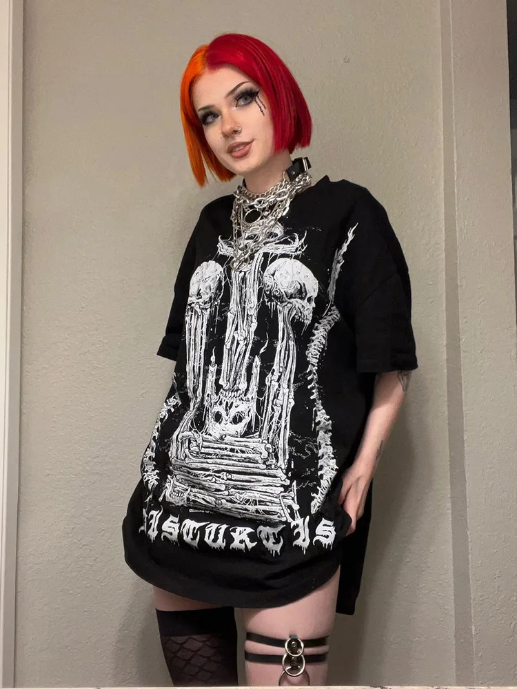 

Harajuku Graphics T-shirt Women Mall Goth Cyberpunk Y2k Grunge Altgoth Skull Printed Short Sleeve O-neck Loose Tee Tops