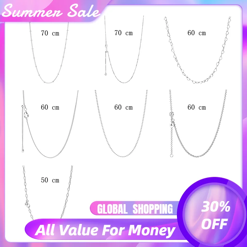 

Original Sterling Silver 925 Basic Chains Necklaces For Women Fine Jewelry Beaded Joined Hearts Curb Ball Rolo Link Collier Gift
