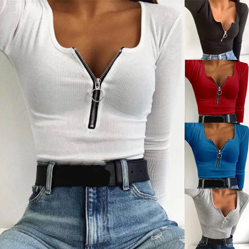 

Plus Size Collar Zipper Knit Tops Women Spring Autumn Female Fashion Sexy Casual Solid Color Long-Sleeved Pullovers O-Neck S-5XL