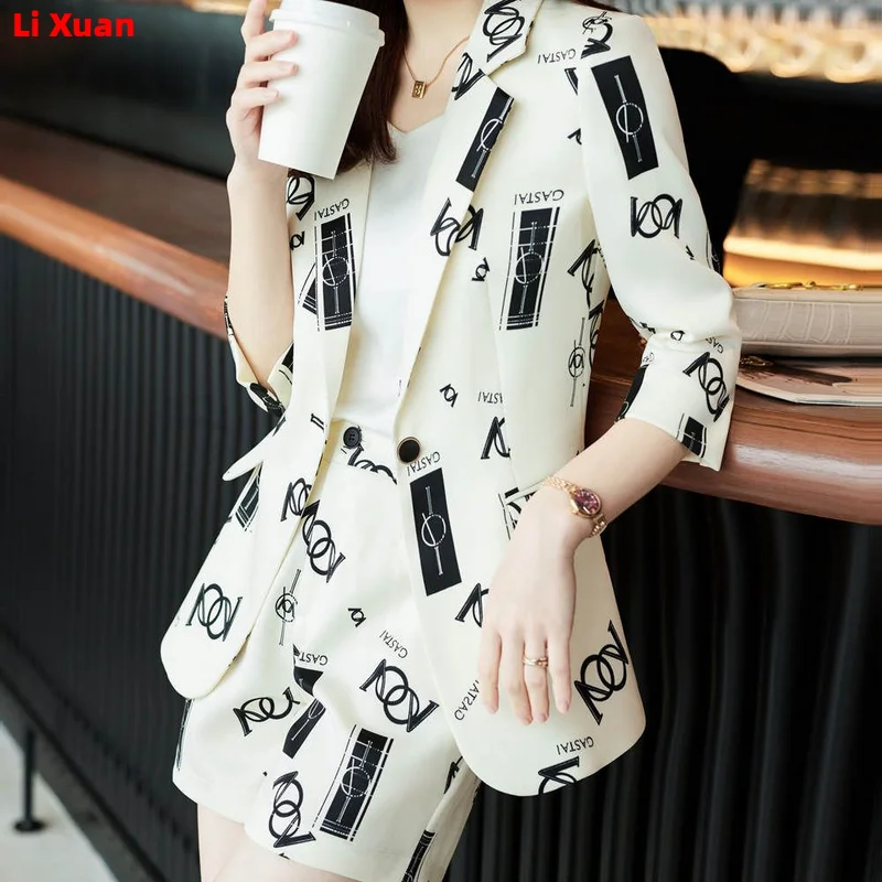 2023 Summer Thin Fashion Loose Casual Medium Length Femme Jacket Pantsuits Korean Women Office Print Blazer Shorts Set 2-piece