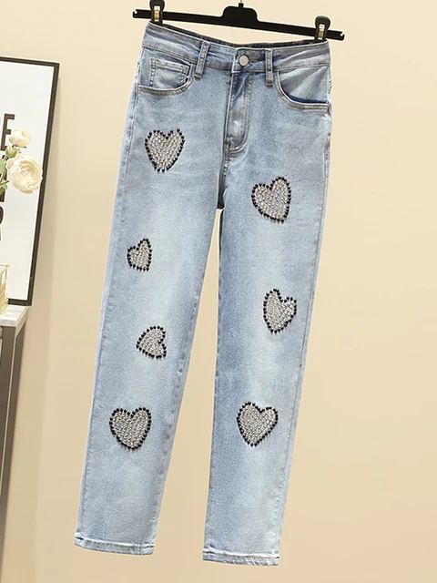 S-3Xl Casual Stretch Jeans With Studded Diamonds And High Waisted Straight Leg Pants 2023 New Korean Fashion Women'S Clothing