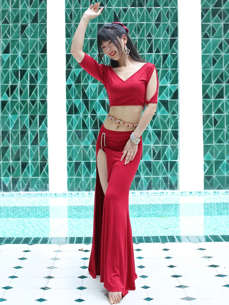 

Solid Color Oriental Street Dance 2pcs Set Fantasia Jazz Mesh Costume Women Indian Weddings Latin Clothes Backless Classical