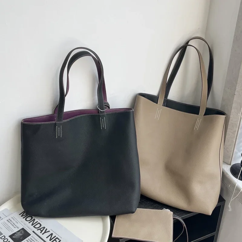 Вместительная сумка-тоут из мягкой кожи двухсторонняя сумочка воловьей сверху