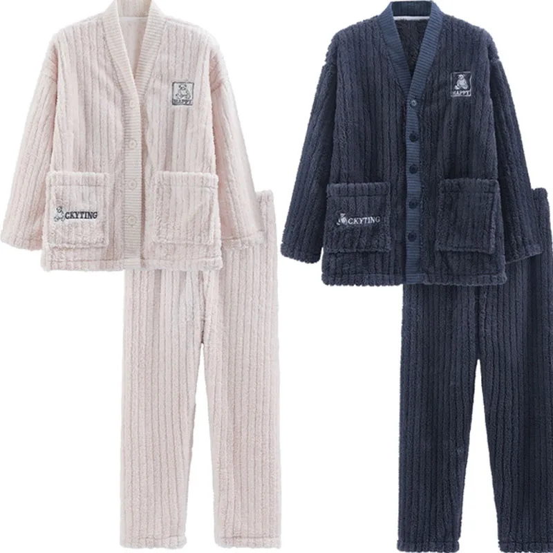 QUHENG 2022 Winter Long Sleeve Thick Warm Flannel Pajama Sets for Men Coral Velvet Sleepwear Suit Pyjamas Homewear Clothes