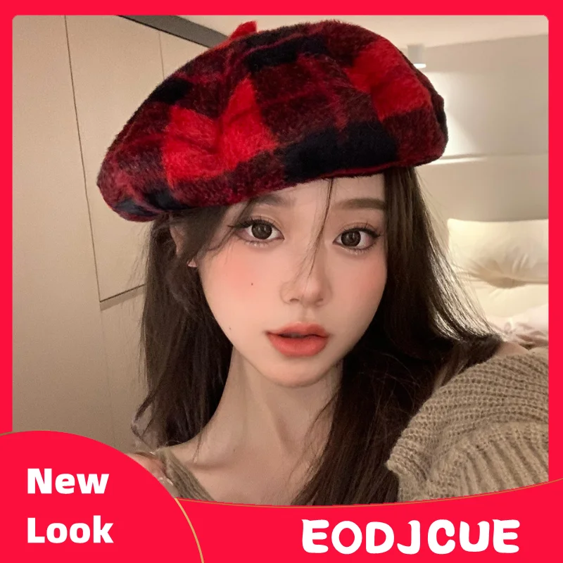 

Korean Version Imitation Mink Soft Waxy Plush Beret Autumn and Winter Women Red Plaid All-match Fashion Painter Hat Femme Gorra