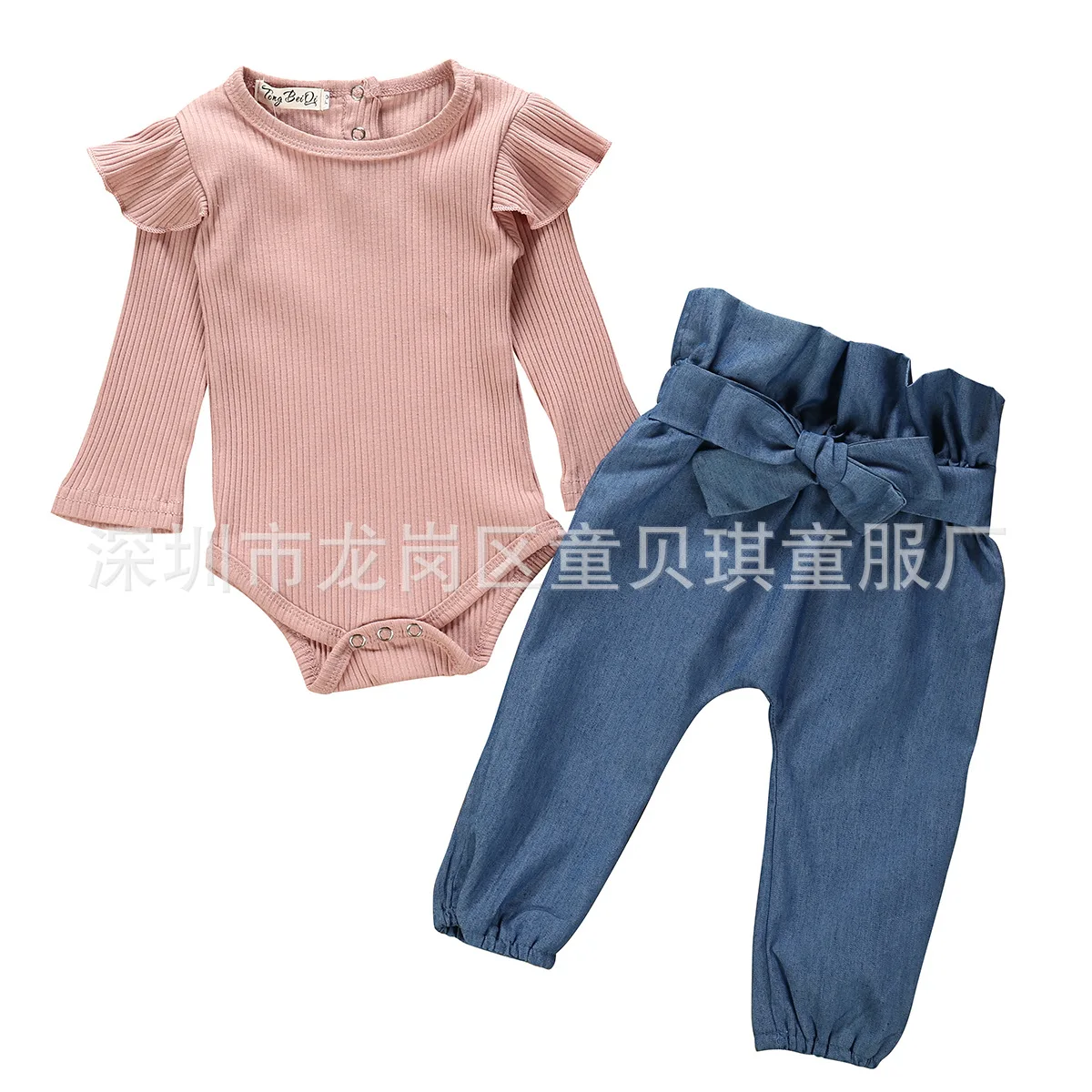

Infant Kids Baby Girls Long-sleeved Romper + Denim Trousers Suit Autumn Winter New Cotton Pink Pit Strip Flying Sleeve 2pcs Set