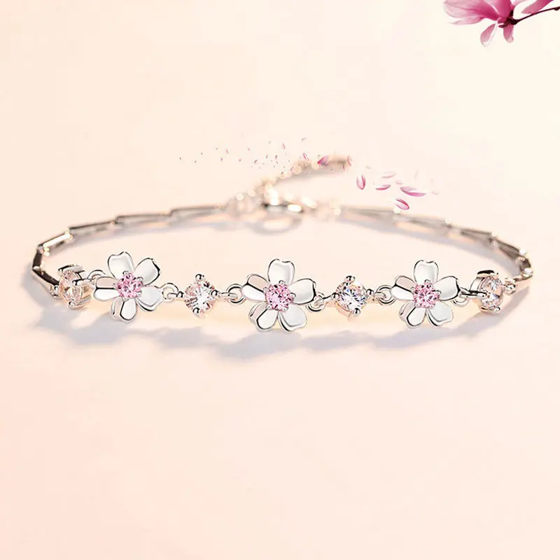 925 Sterling Silver Pink Cherry Blossom Bracelet Zirconia Good Luck Chain Linked For Women Charm Bangle Valentine Jewelry Gift