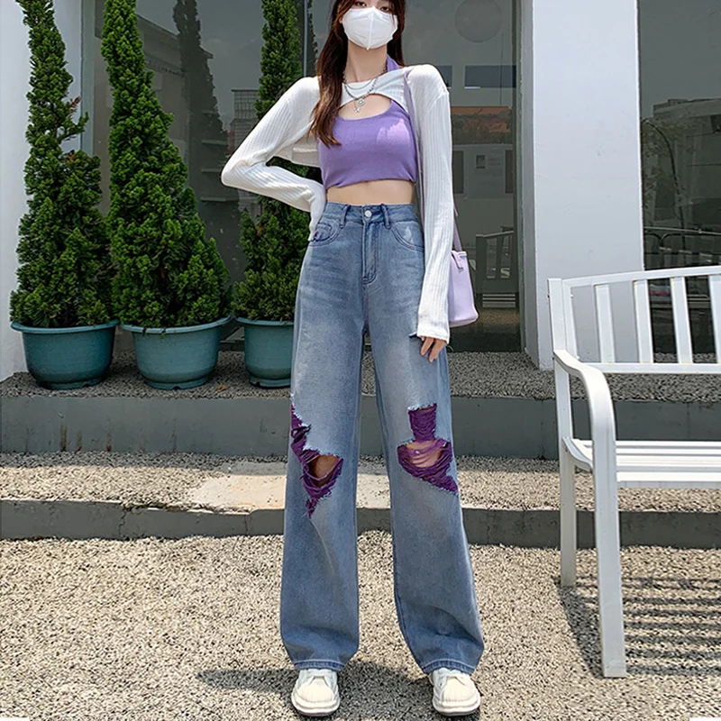 

Широкие брюки с эффектом потертости 2023, джинсы, женские свободные джинсы-бойфренды, хлопковые джинсы МОМ, повседневные брюки, джинсовые брюки