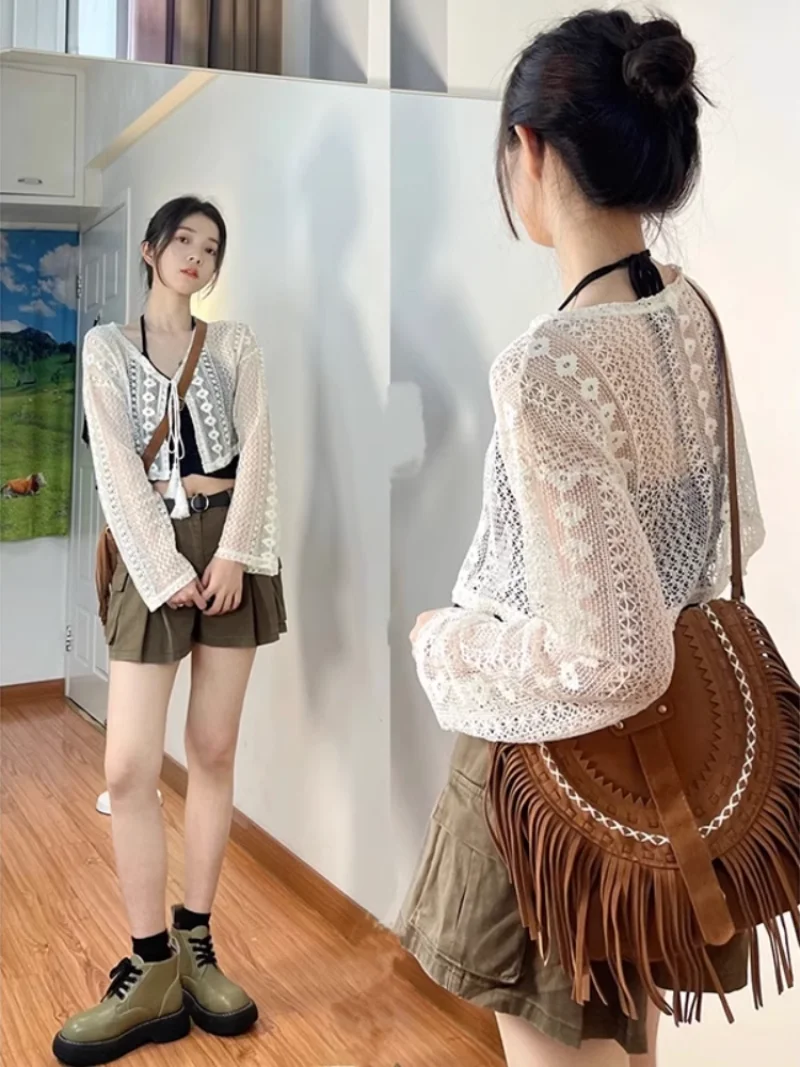 

Hollow Out Long Sleeve High Waist Bohemian Knitted Summer Cardigan Sunscreen Crop Tops Women Y2k Sheer Short Length Sueter