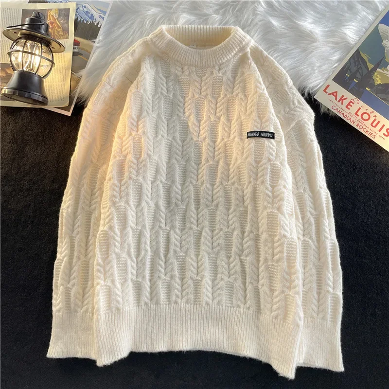 Осенне-зимний вязаный свитер мужской свободный крой с круглым вырезом