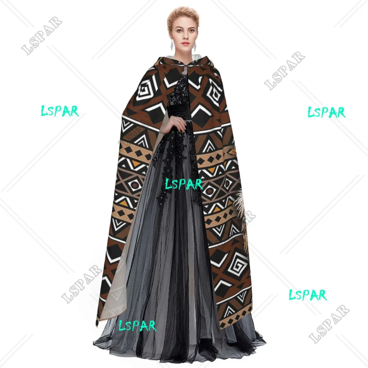 Mandala Owl Long Hooded Cloak Witch Medieval Costume Cosplay Cape HalloweenCoat Adult Unisex