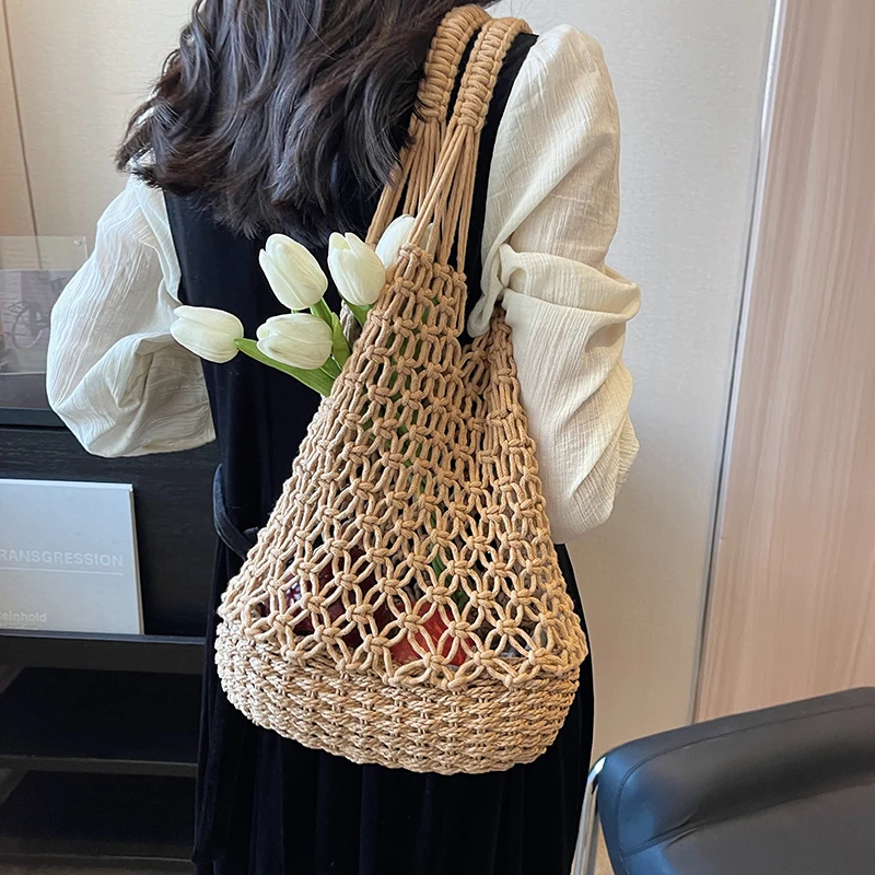 Fashion Women Bag Cotton Thread Summer Beach Bag For Lady Knitted Straw Large Woven Handbag Casual Tote Shoulder Shopping bag