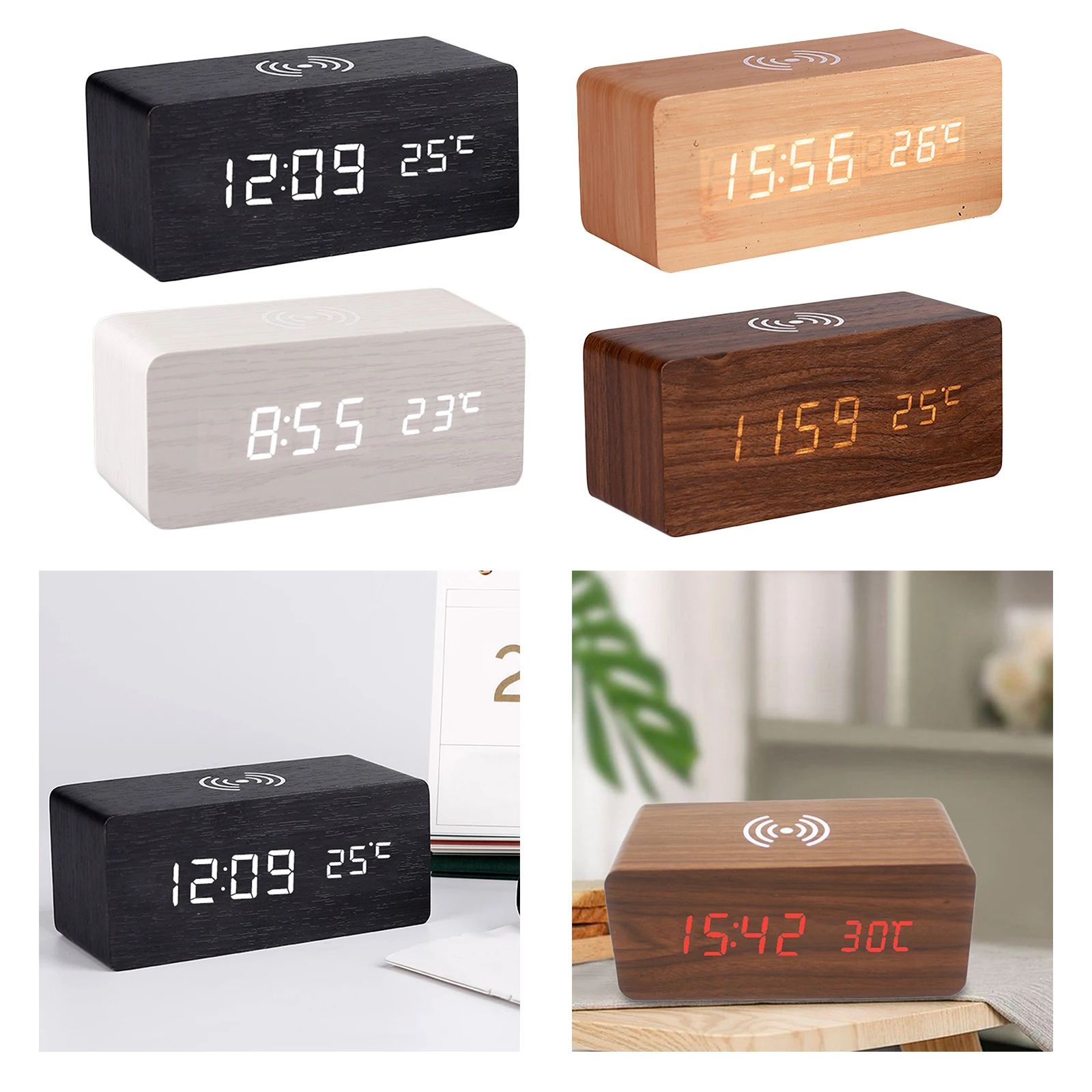 

Modern digital wooden table alarm clock showing temperature for travel home snooze led digital clock