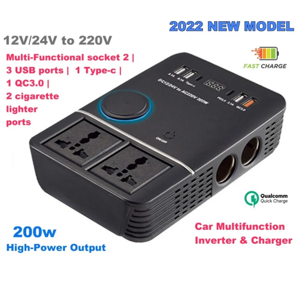 

200W Car Power Inverter DC 12V/24V To AC 220V Converter Charger Adapter Outlets 4 USB Fast Charging Sine Wave Car Accessories