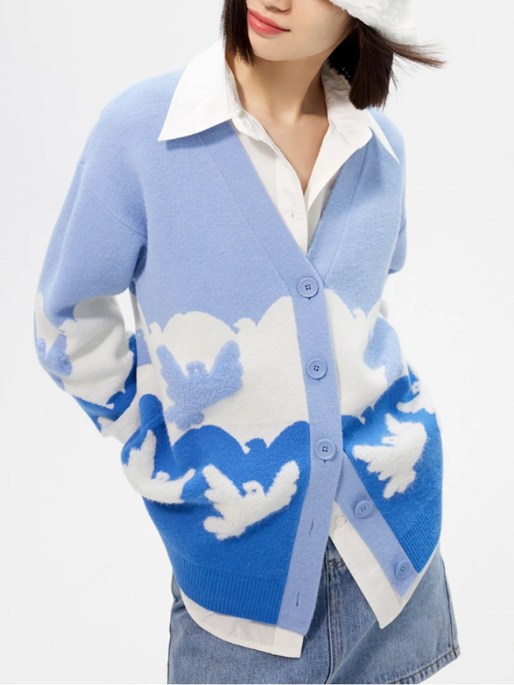 

Длинный женский зимний свитер свободного покроя с голубьим принтом, Женский вязаный теплый комплект из двух предметов, женский свитер, кардиган