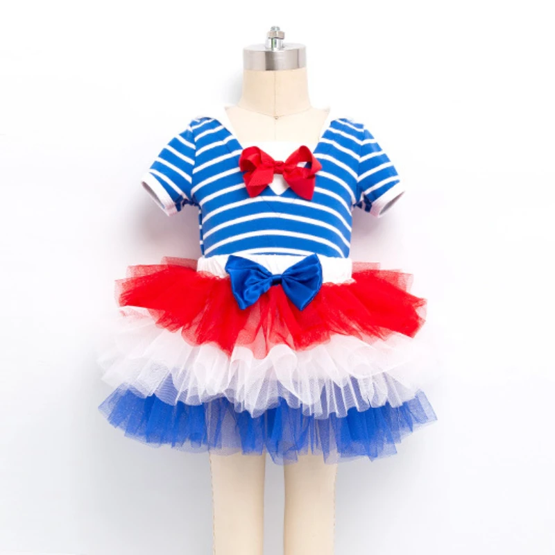 

Children's Navy Style Seaman Clothing Short Sleeve Blue White Striped Top Mesh Skirt Baby Girl Set Newborn Photography Romper