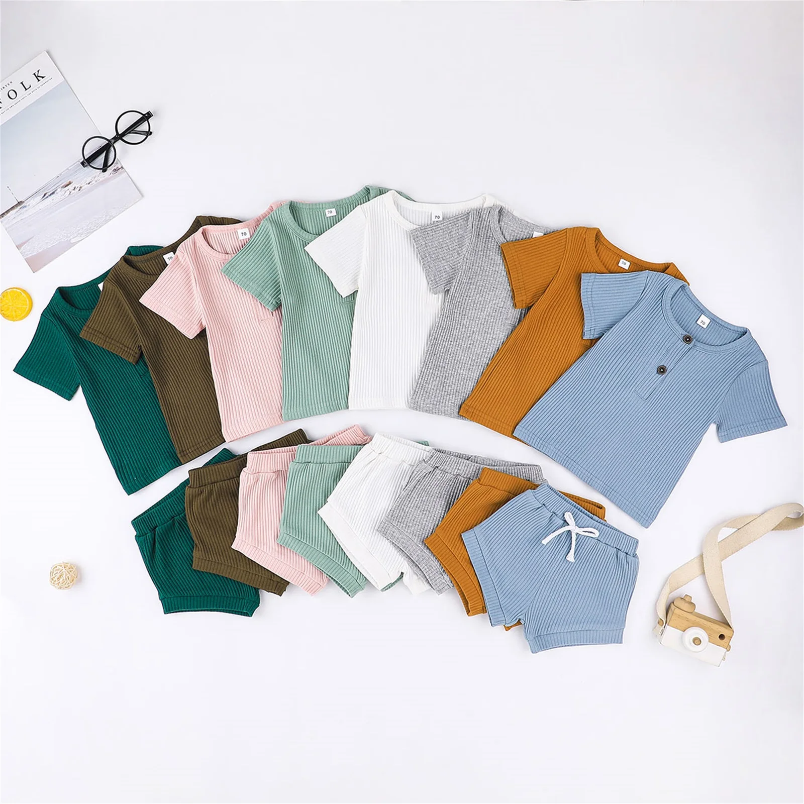 

0-24 Months Solid Baby's Sets Baby Shorts Set Rib Button Short Sleeve Crew Neck Tops + High Waist Casual Shorts Two Piece Set