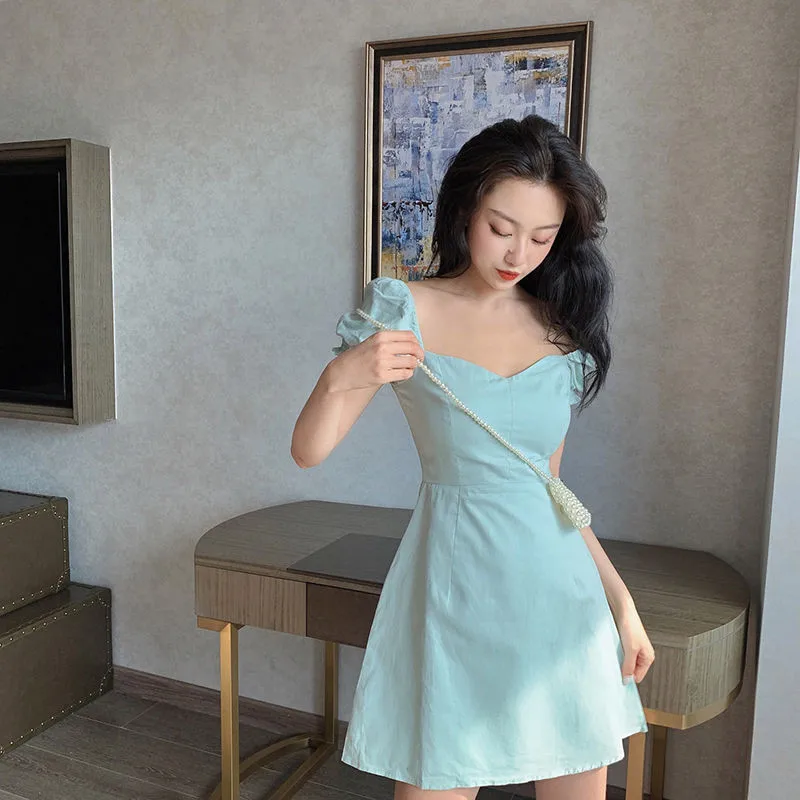 

Korean Summer Green Bodycon Dress Woman Sexy Square Collar Short Puff Sleeve A-line Mini Dresses Robe women dress vestidos 원피스