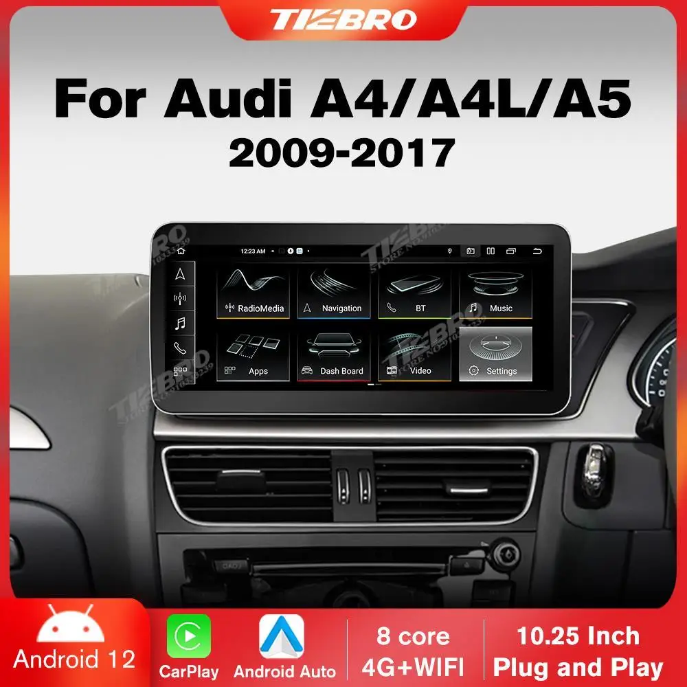 

Автомагнитола TIEBRO, 10,25 дюйма, Android 12, для Audi A4 A4L A5 RHD 2009-2017, сенсорный экран, GPS, Carplay, мультимедийный плеер, Bluetooth