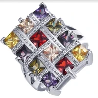 trendy luxury solid silver color ring rainbow square baguette cz engagement ring for women colorful eternity band ring