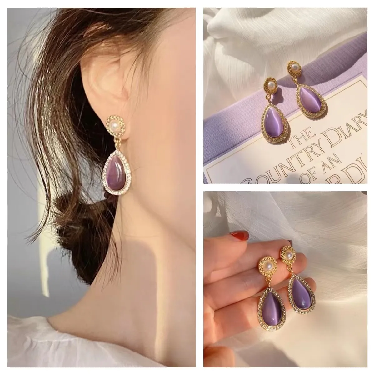 

Classic Big Teardrop Purple Cat Eye Stone Clip on Earrings Golden Gorgeous Women Non Pierced Accessorie Wedding Trendy Jewelry