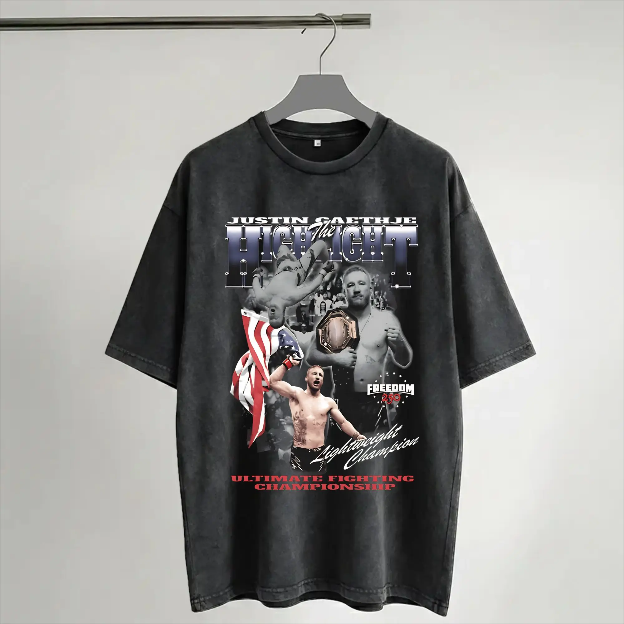 Фото Футболка Harajuku с эффектом потертости Justin Gaethje The Highlight Apparel, крутые футболки оверсайз, уличная одежда, топы с коротким рукавом и графическим принтом №1