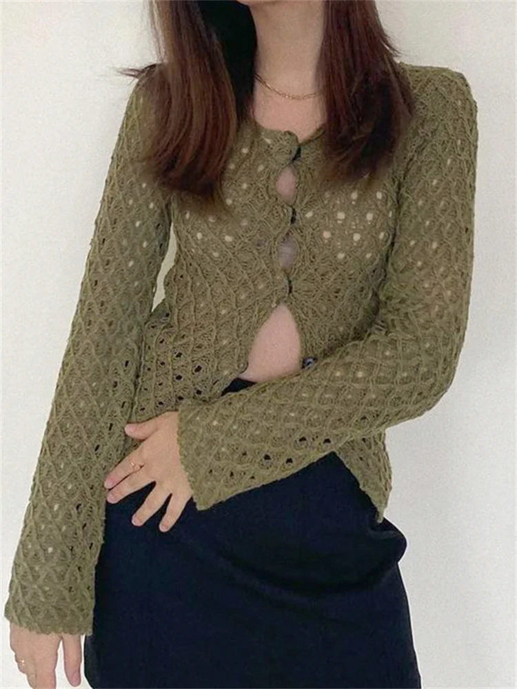 

CHRONSTYLE Y2K Aesthetic Fairycore Vintage Sweaters Chic Retro Knitted Cardigans Autumn Button Up Hollow Out Knitwear Coats Tops