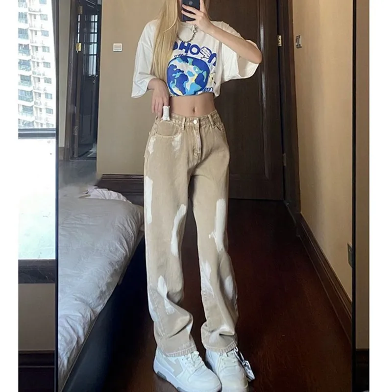 

Y2K Aesthetic Khaki Wide Leg Jeans Women Korean Fashion E Girl Oversize High Waist Denim Pants Casual Trousers For Female