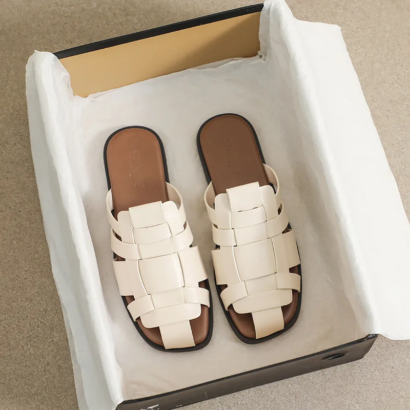

Летние женские уличные тапочки с плоской подошвой Baotou Muller, плетеные дизайнерские белые туфли, модный бренд, бесплатная доставка