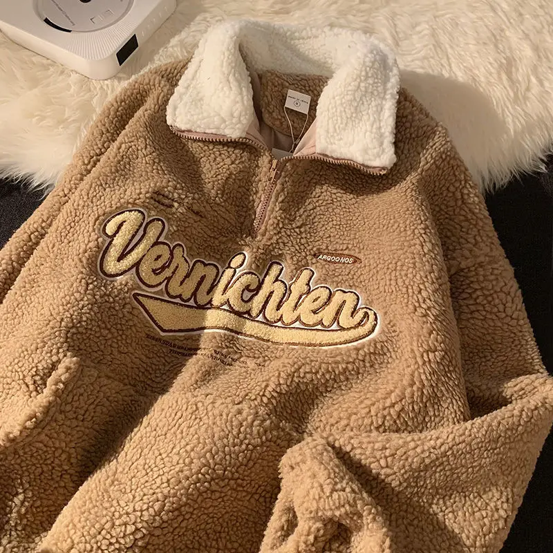 

Vintage Punk Style Streetwear new Chic V-neck Letter Embroidery Sweatshirt Women Baseball Oversized Harajuku lambswool coats ins