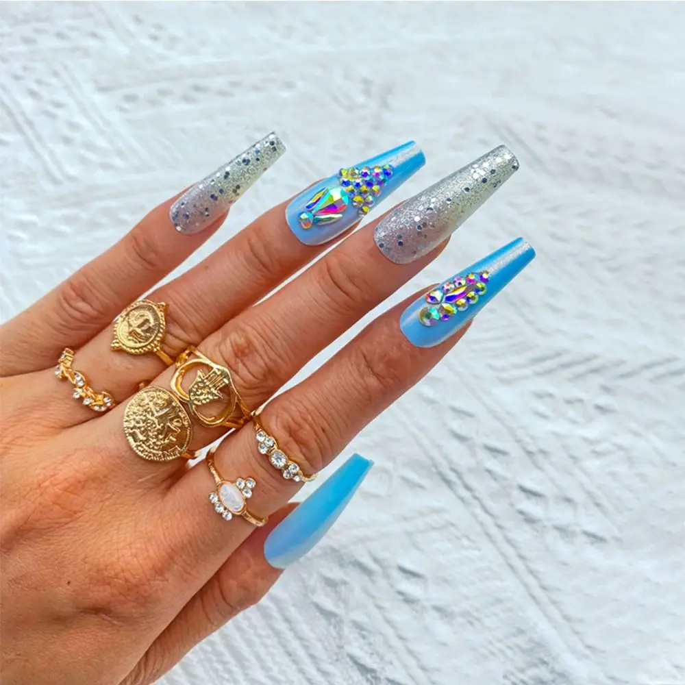 

24pcs French Sequins Full Cover Detachable Fake Nails False Nails Long Ballerina Irregular Shaped Drill