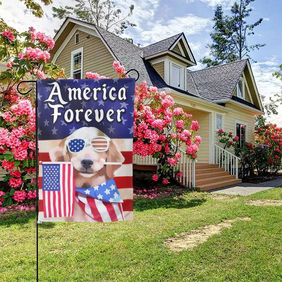 

Американский Садовый флаг навсегда 4 июля, патриотический щенок на День независимости США, красные белые синие звезды в полоску, фонарик