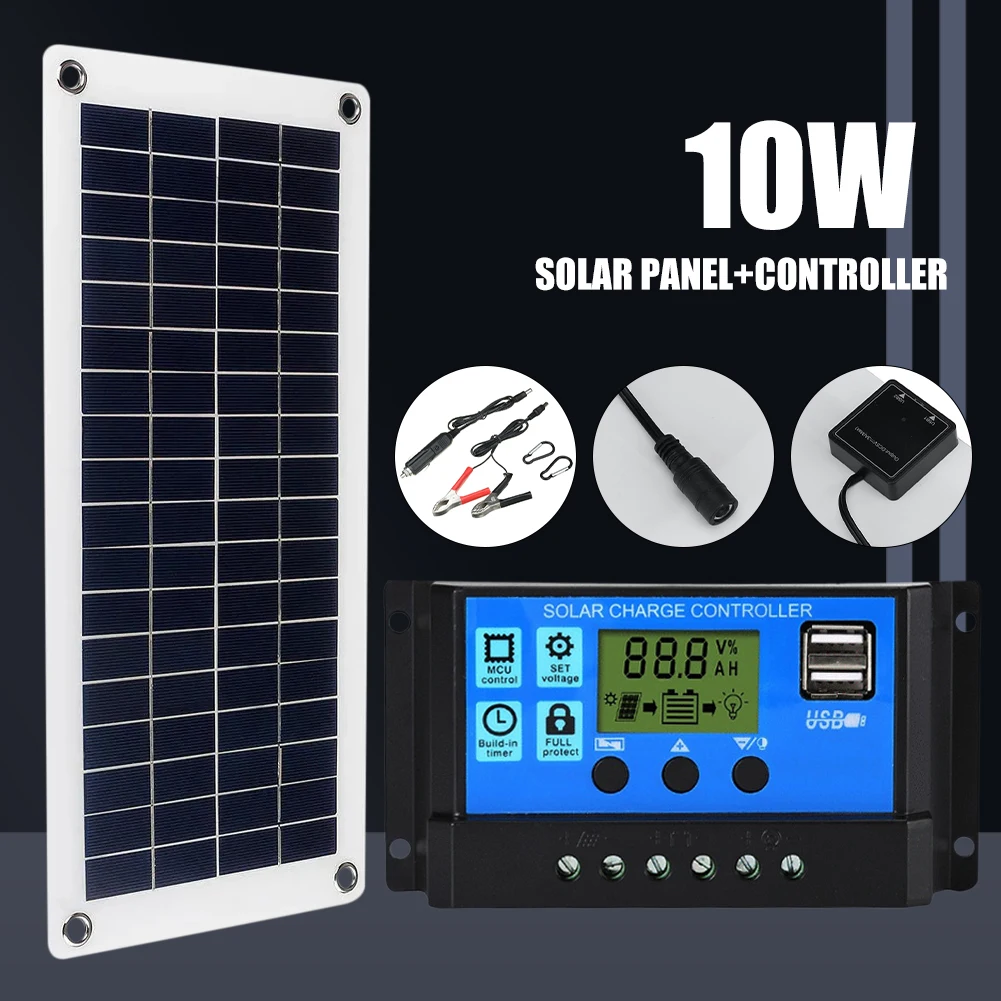 10W Solar Panel Kit Complete 12V 24V Solar Charge Controller and Panel Combo 10A-60A with Dual USB Outputs Solar Controller