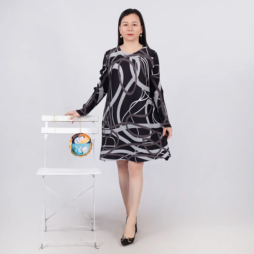 

Женское плиссированное платье миаке, повседневное офисное платье с волнистым принтом и длинным рукавом, Свободная Женская одежда на лето