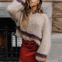 fashion sweater loose crop women winter clothes oversize thick warm pullover new casual stripe trendy sweaters o neck patchwork
