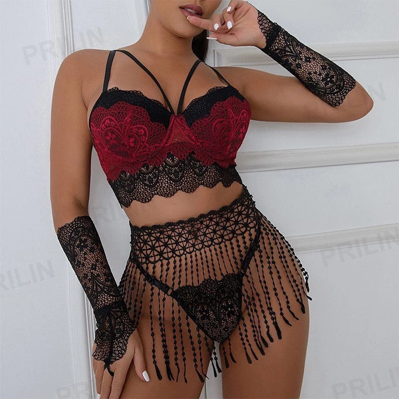 

Women's Sexy Lingerie Set Novelty Lace Embroidery Bra And Underpants Gloves Belly Chain Erotic Costumes Women's Underwear