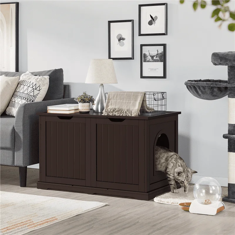 

Cat Washroom Bench Litter Box Side Table with Storage Space, Espresso