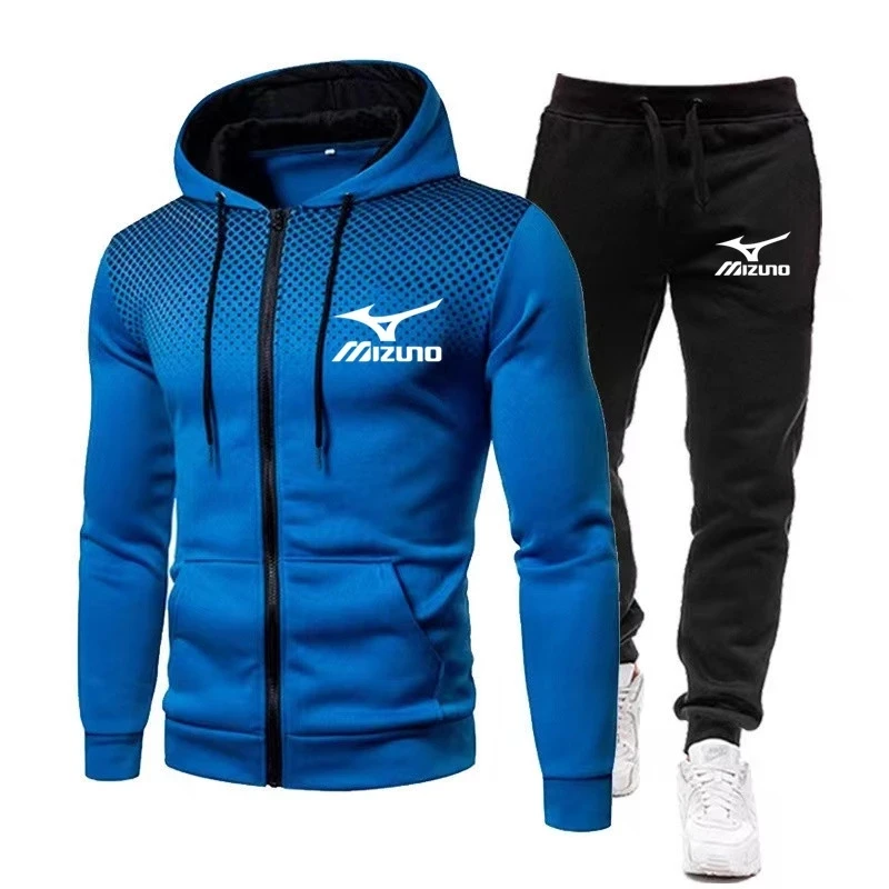 

New Mizuno High Quality Printing Men Sports Fitness Wear Thin Section Breathable Hoodie + Sports Pants Men Zipper Tracksuit Set