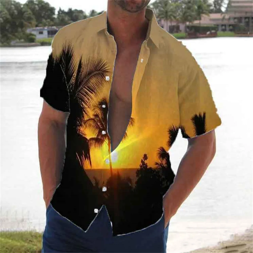 

Summer New Comfortable Slim Breathable Men's Short Sleeve Shirt Casual Hawaiian Style Shirt Sunset Pattern Printed Men's Shirt