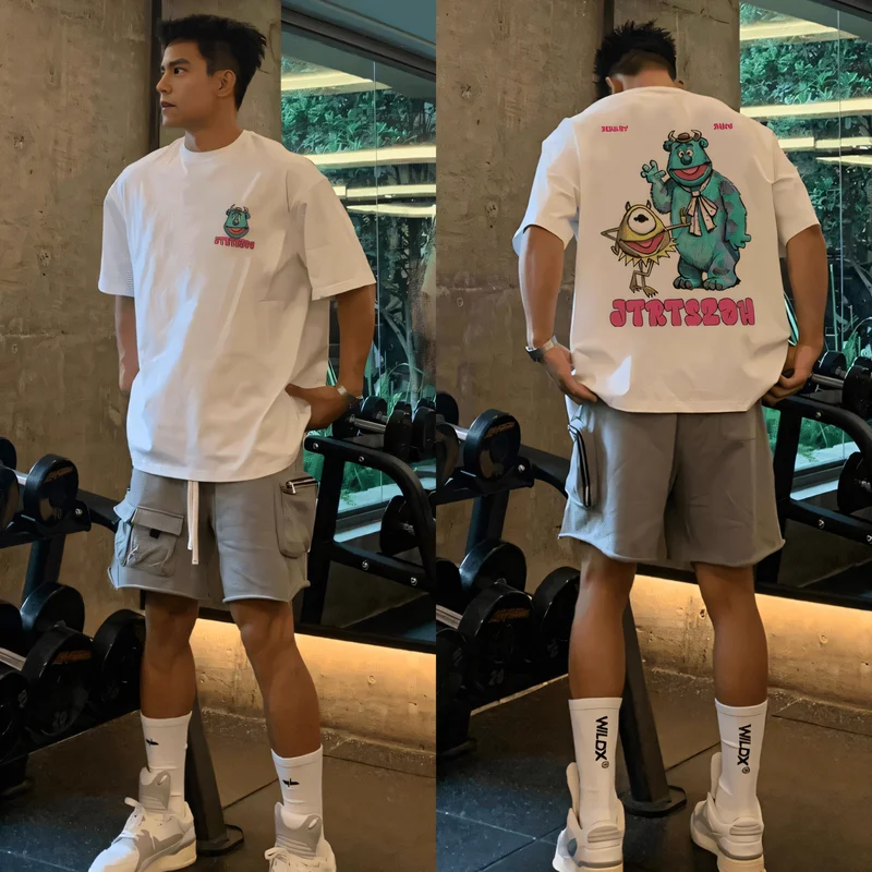 American Creative Fun Cartoon Print Short sleeve T-shirt Men's Summer Ins Fashion Brand All-Match Loose Heavy Cotton Top