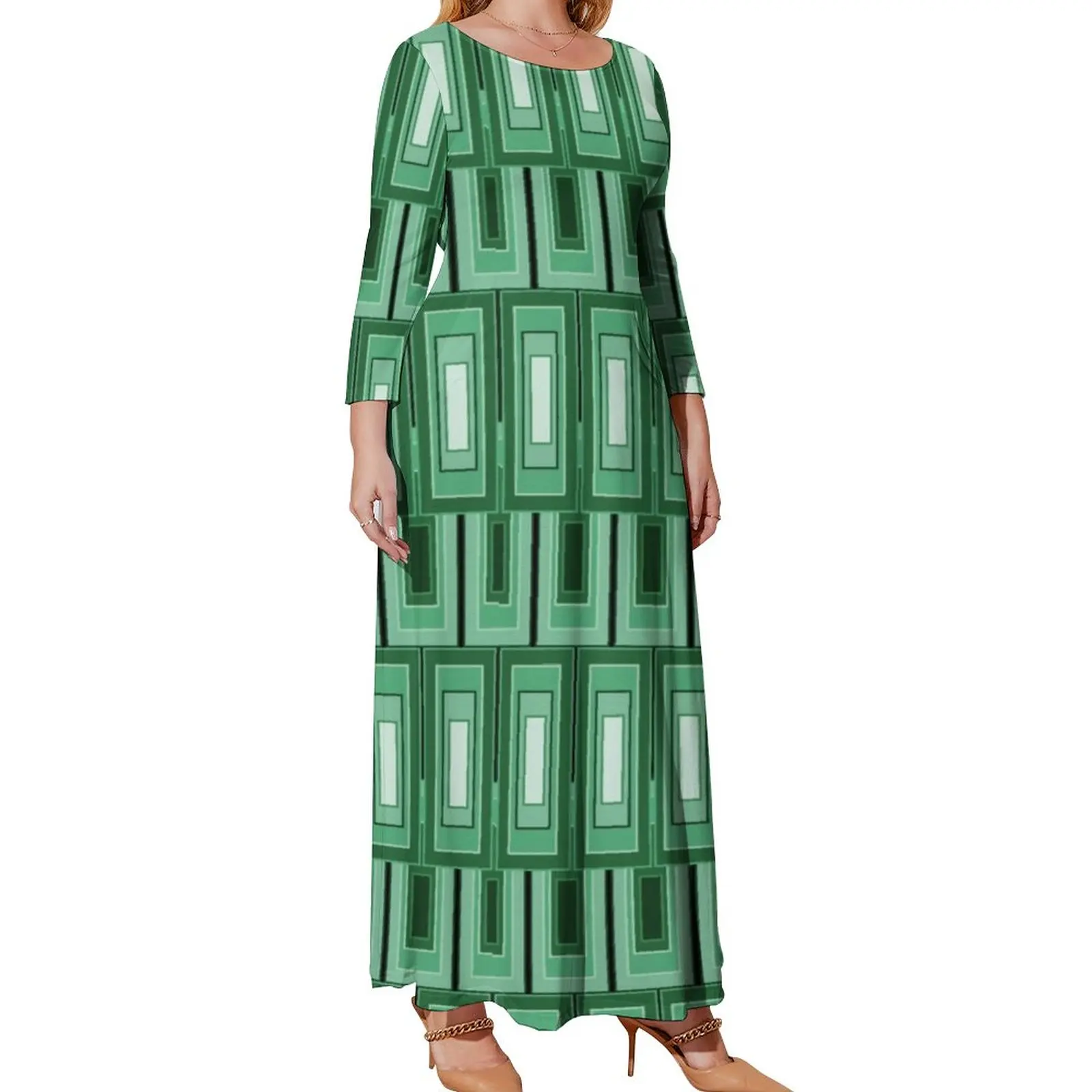 Mid-Century Panton Art Dress Ladies Green Rectangles Trendy Maxi Dress Aesthetic Boho Beach Long Dresses Print Vestido Plus Size
