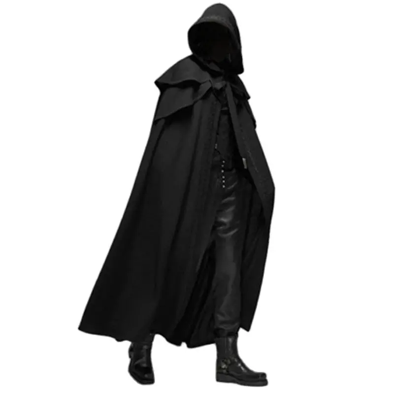 

Black Men Cloak Coats Hooded Solid Loose Windproof Mens Trench Coat Men Chic Winter Long Cape Poncho