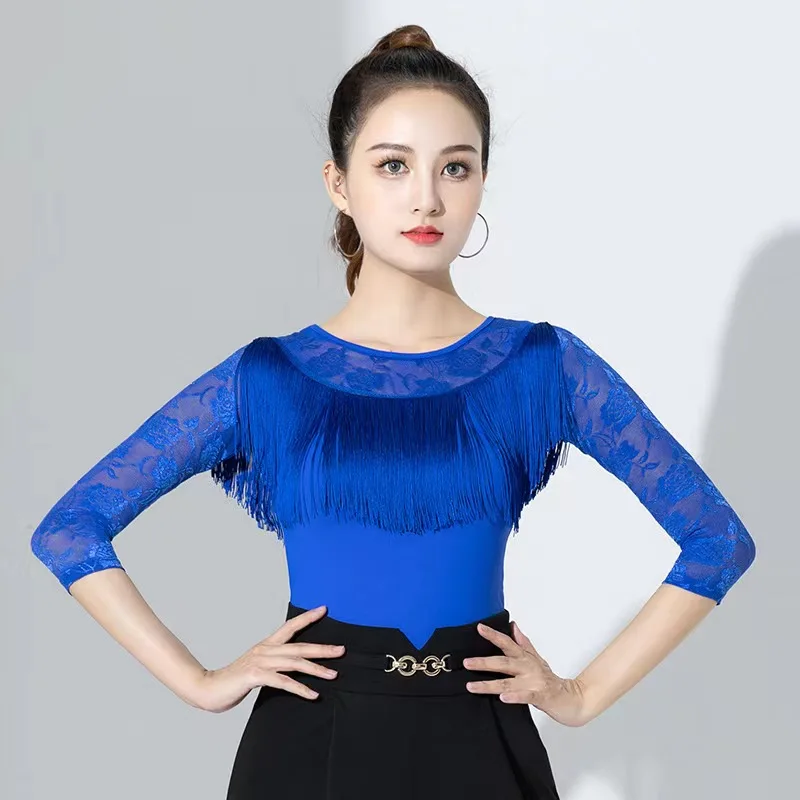 

Adult Latin Dance Top Women's Sexy Tassel 3/4 Sleeve Tops New International Modern Waltz Social Dance Performance Dance Bodysuit