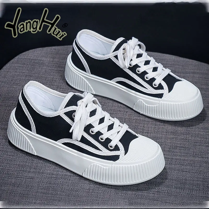 

Женские кроссовки на вулканизированной подошве, универсальные парусиновые кроссовки контрастных цветов, черного и белого цвета, весна-осе...