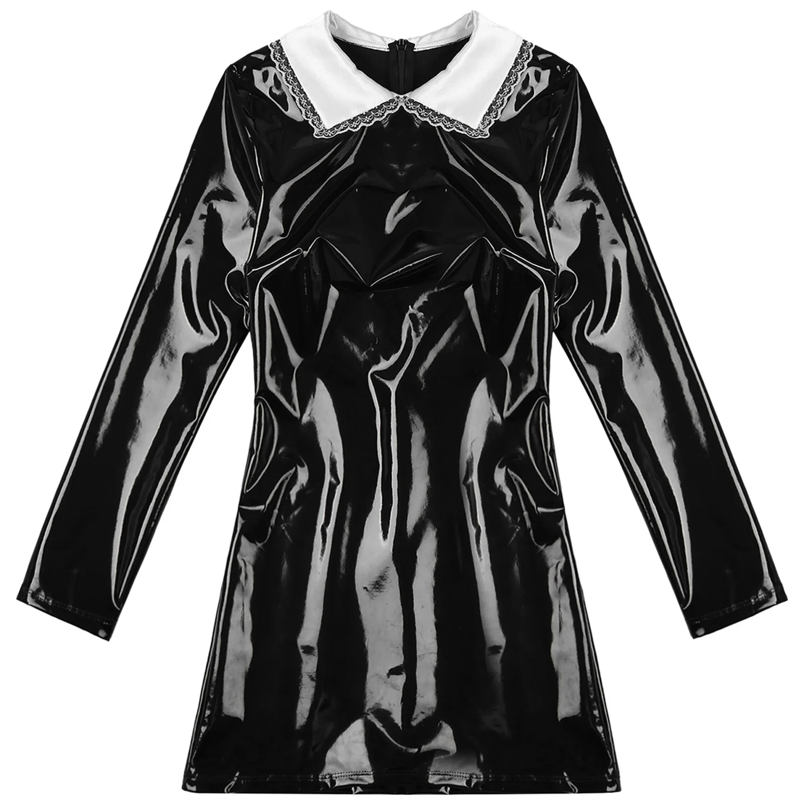 Женское блестящее мини-платье из лакированной кожи с длинным рукавом и сатиновым