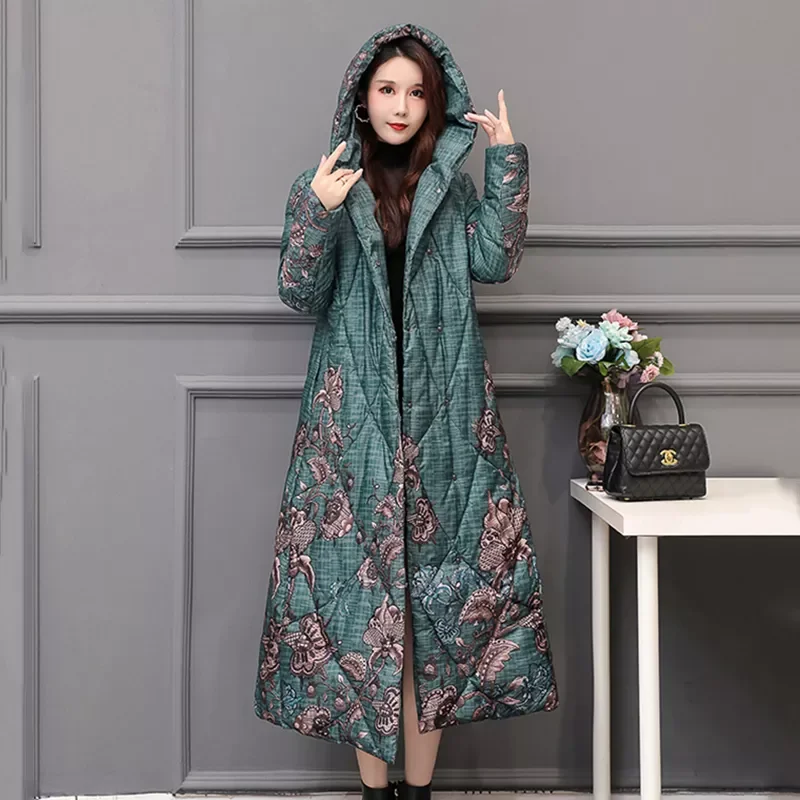 Chinese Style Women's Winter Down Cotton Jacket X-long Printing Loose Thick Outwear Hooded Loose Covered Button Female Parka enlarge