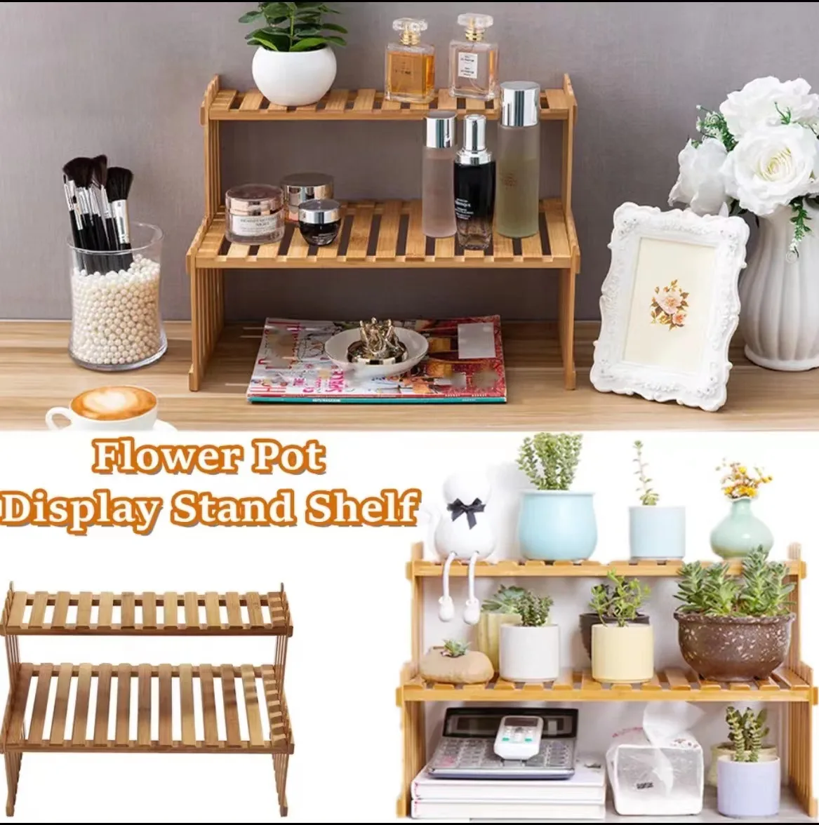 

Double Layer Bamboo Storage Rack Plant Planting Display Rack Study Desktop Modern Tea Cup Rack Storage Rack Decorative Rack